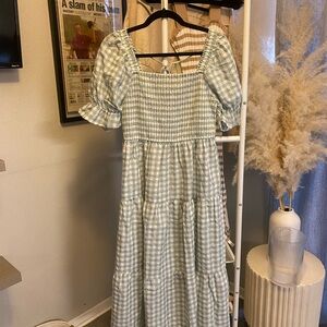 Green Gingham Puff Sleeve Summer Dress